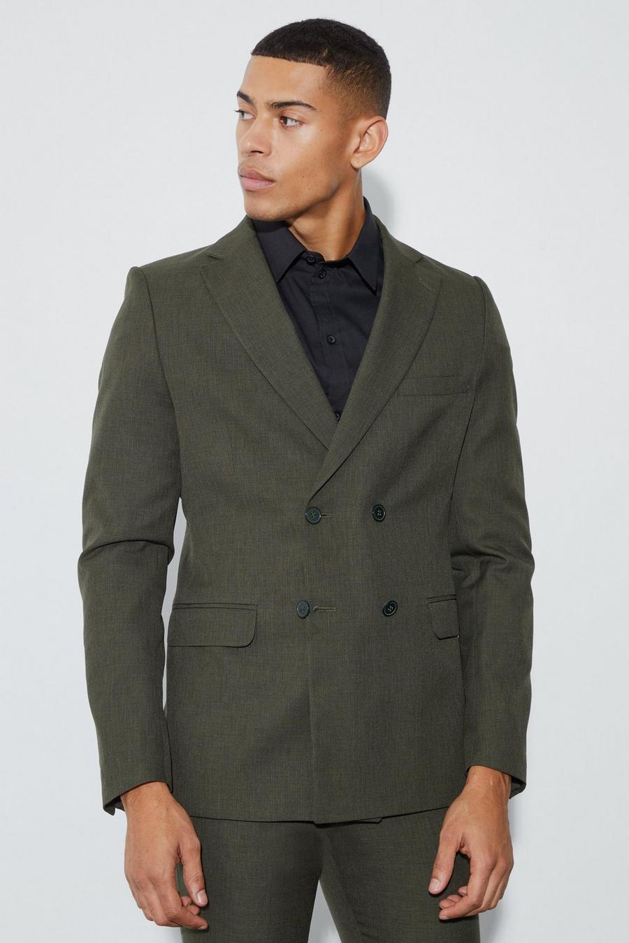 Khaki Skinny Fit Double Breasted Micro Texture Blazer image number 1