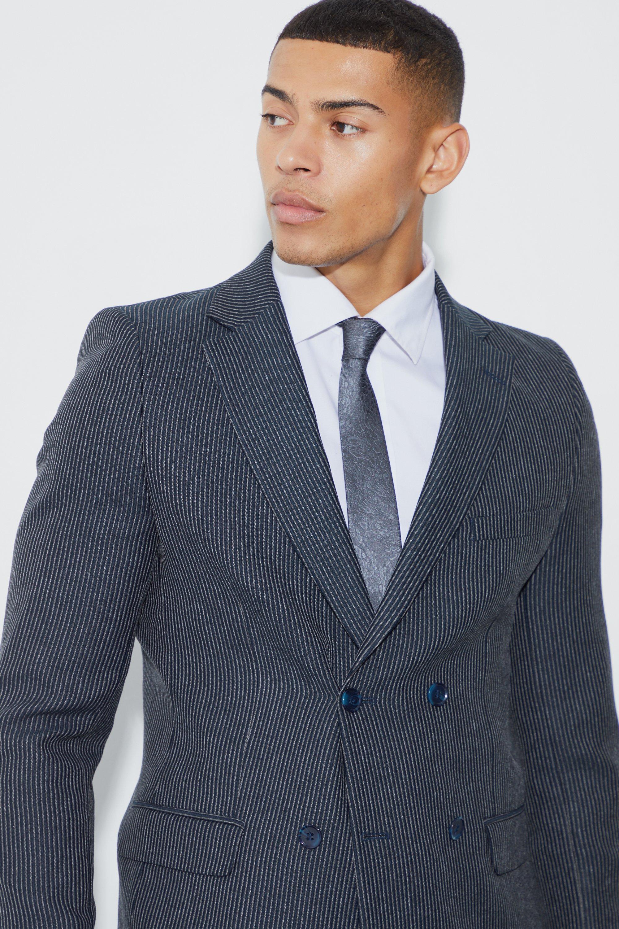 Skinny Fit Double Breasted Pleat Texture Blazer