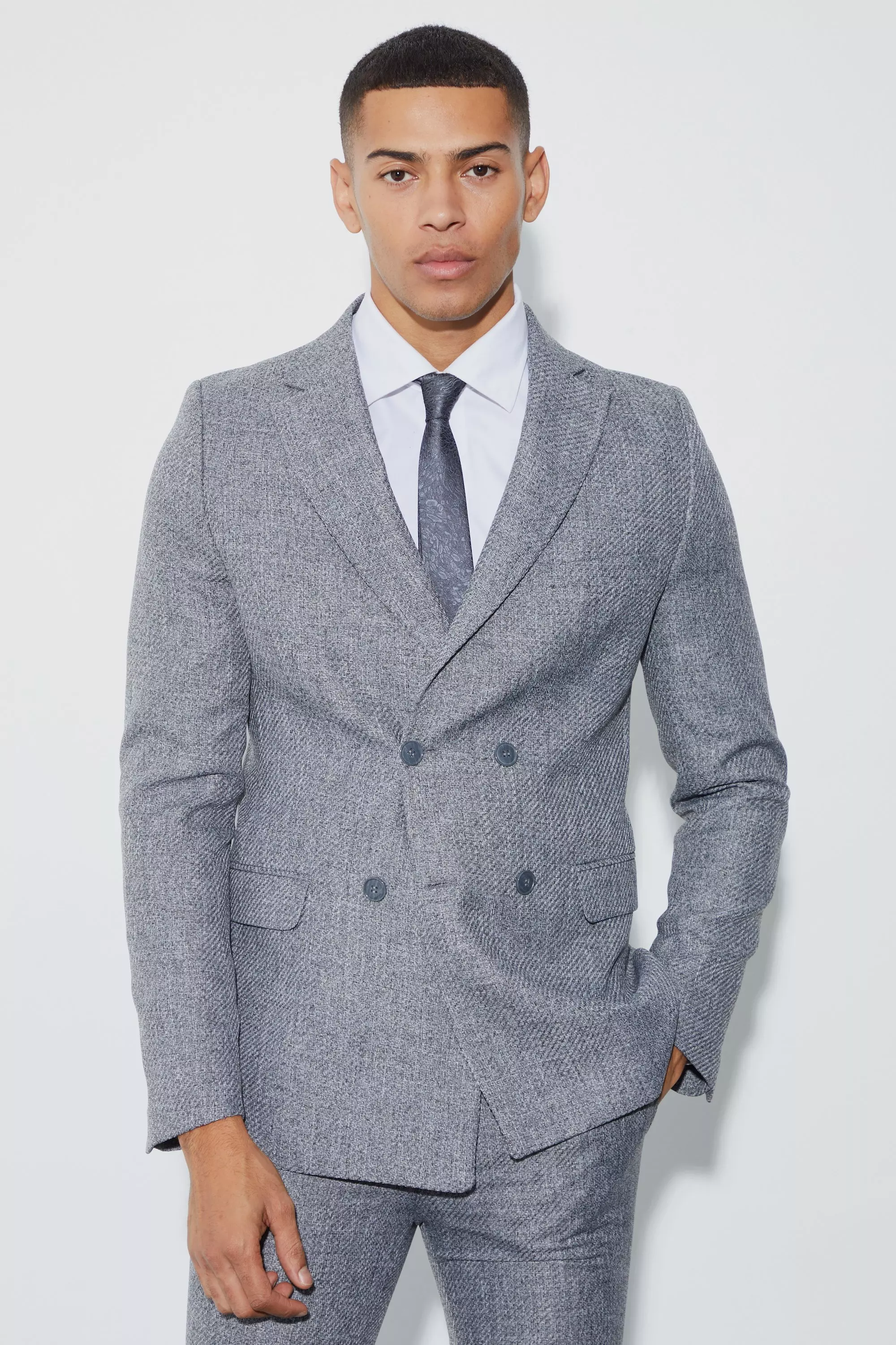 Dark grey Skinny Fit Double Breasted Boucle Blazer صورة بديلة