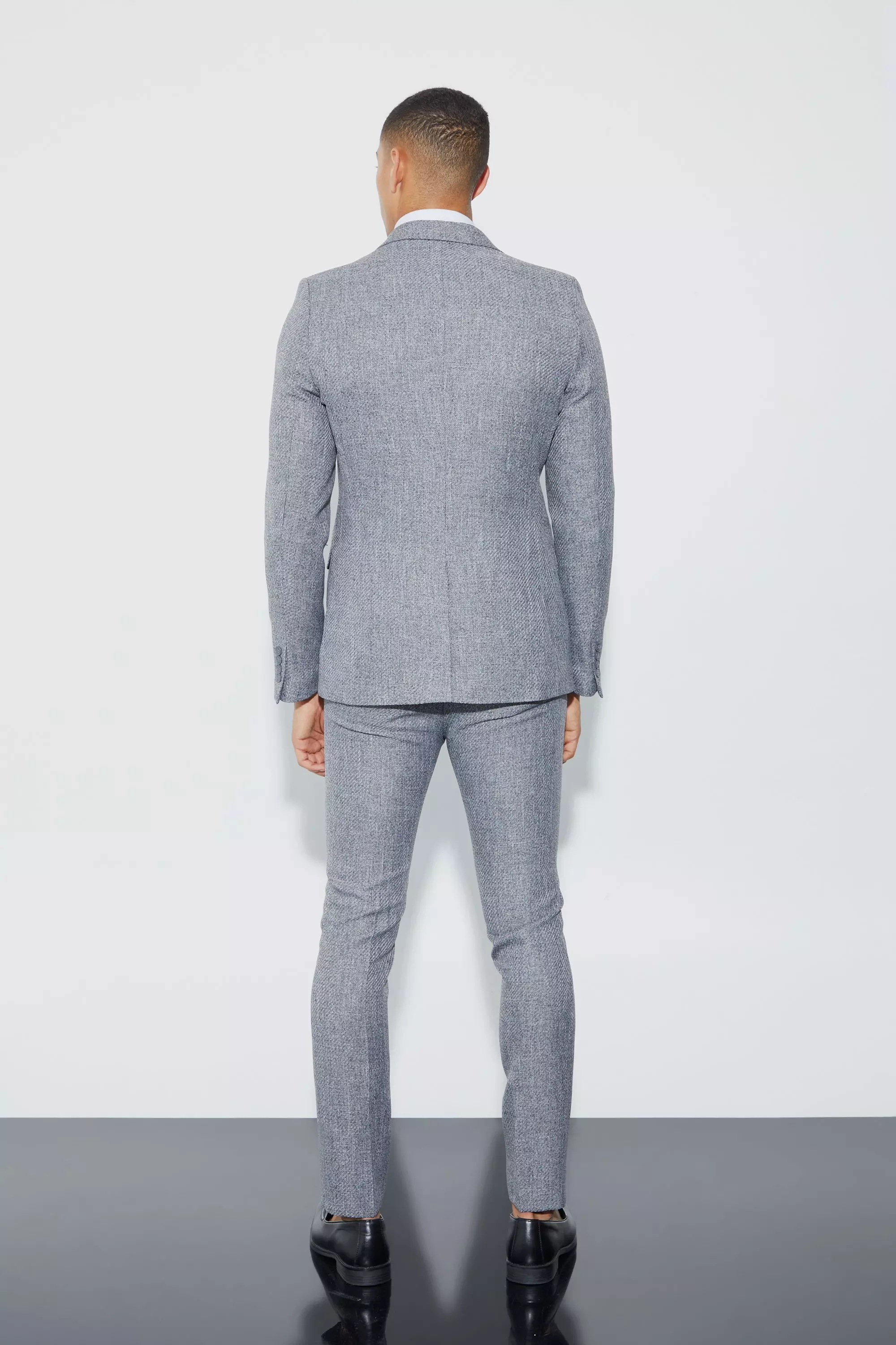 Dark grey Skinny Fit Double Breasted Boucle Blazer صورة بديلة