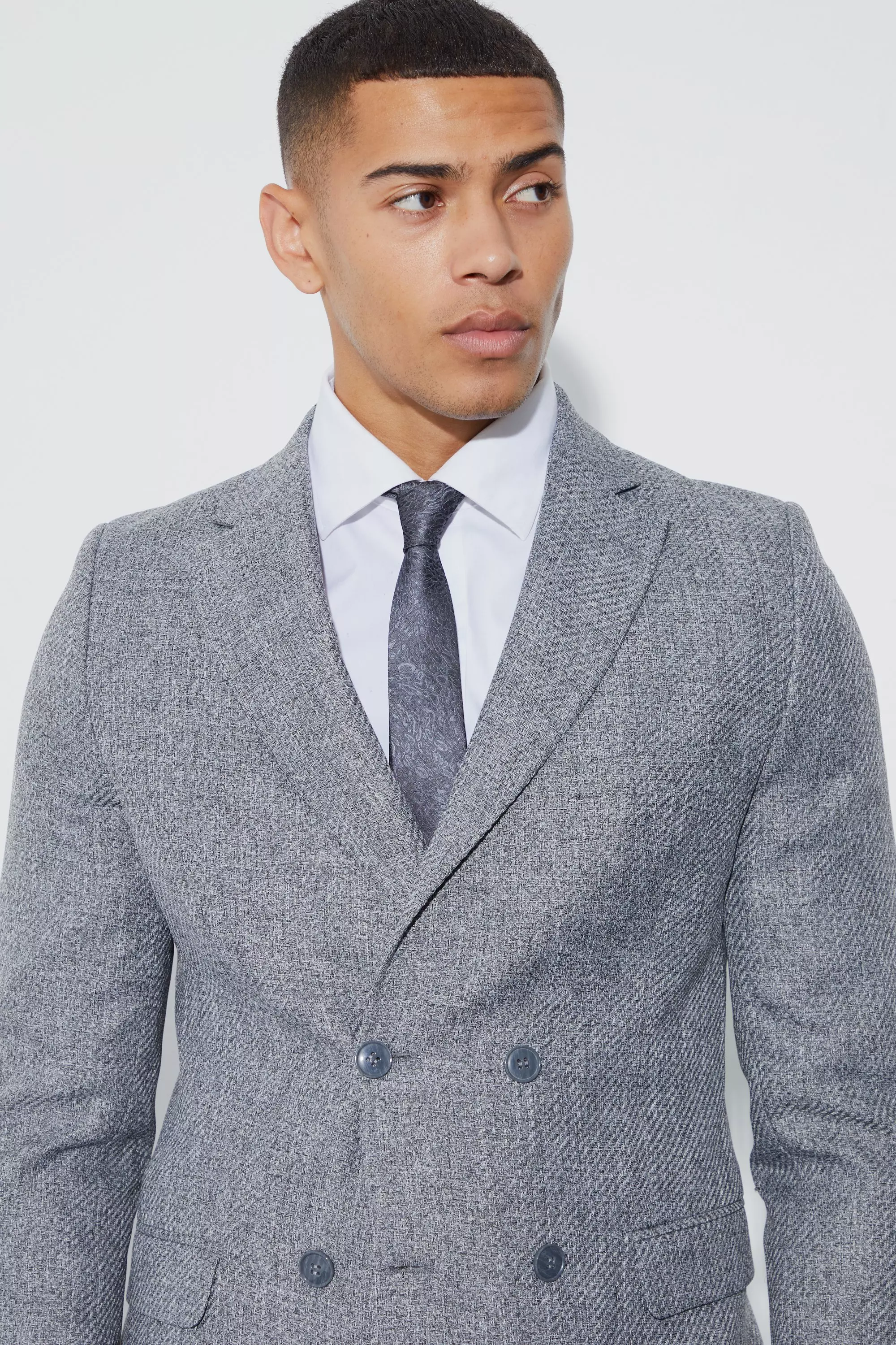 Dark grey Skinny Fit Double Breasted Boucle Blazer صورة بديلة