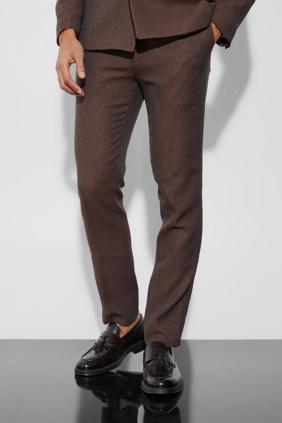 Brown Skinny Fit Pleat Texture Trousers image number 1