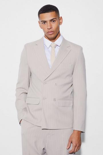 Stone Beige Relaxed Fit Double Breasted Pinstripe Blazer