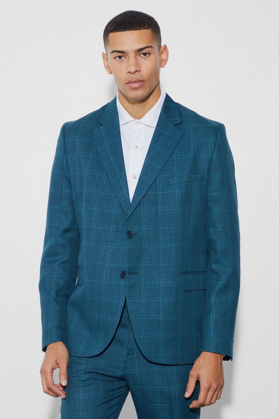 Navy Oversized Boxy Check Fabric Interest Blazer