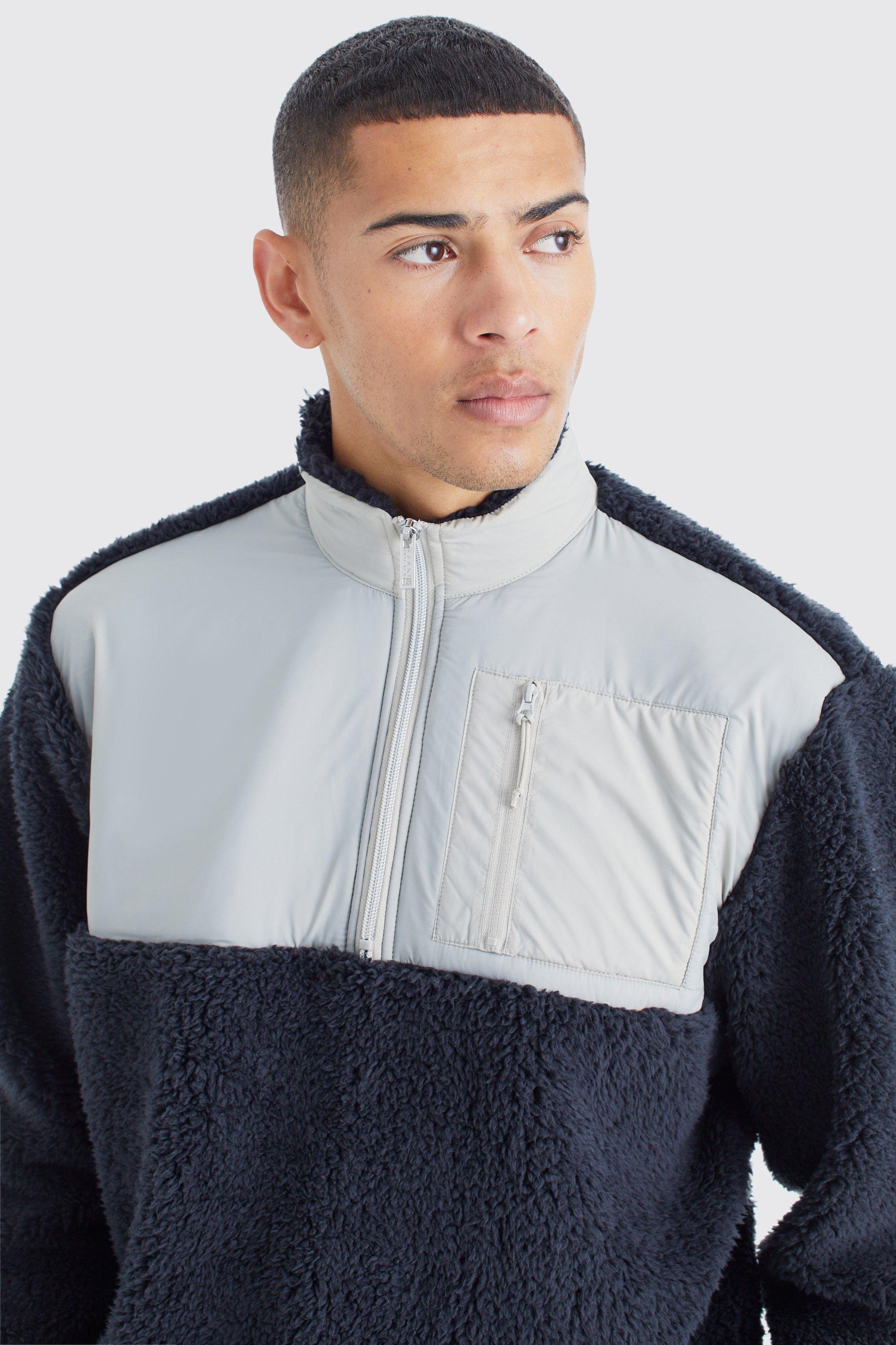 Oversized Boxy 1/4 Zip Nylon Panel Borg Sweatshirt