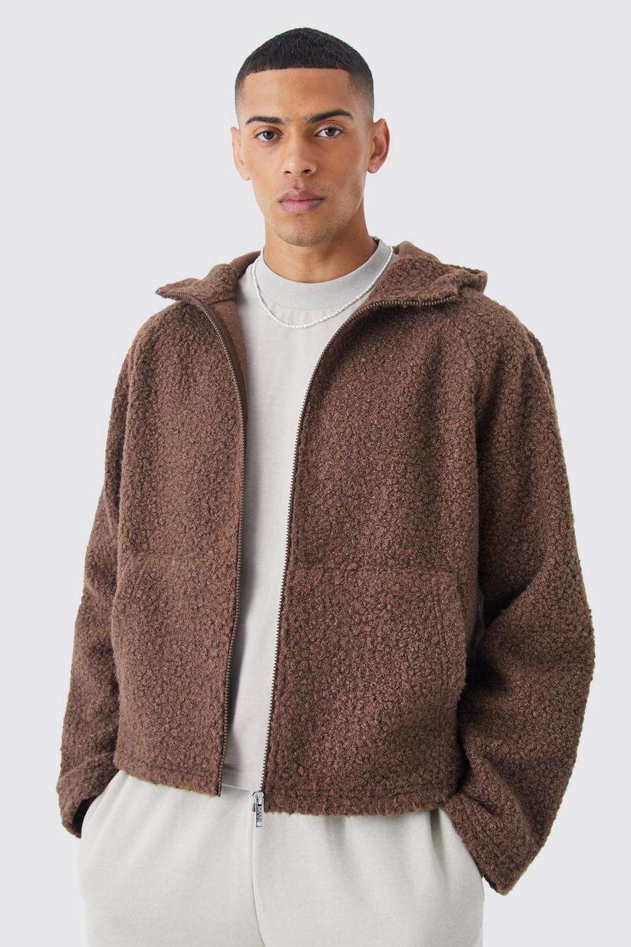 Kastiger Oversize Bouclee Borg-Hoodie mit Reißverschluss, Coffee