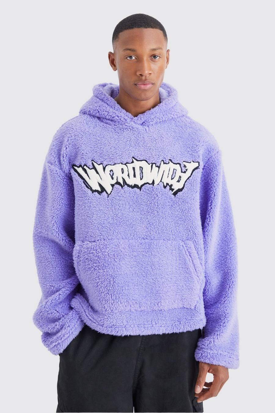 Purple Oversized Boxy Boucle Borg Applique Hoodie image number 1