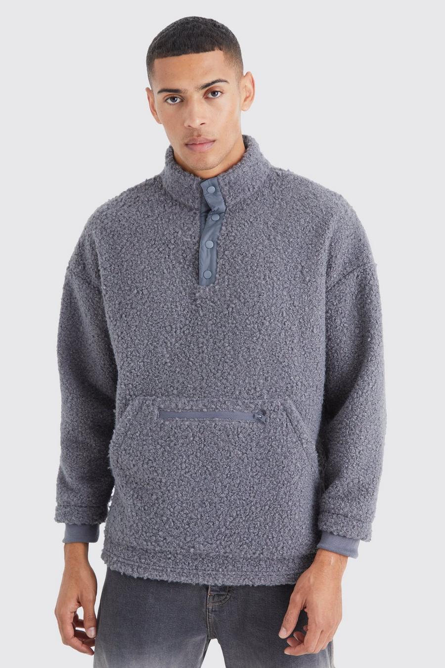 Oversize Bouclee Sweatshirt mit 1/4 Knöpfen und Trichterkragen, Charcoal