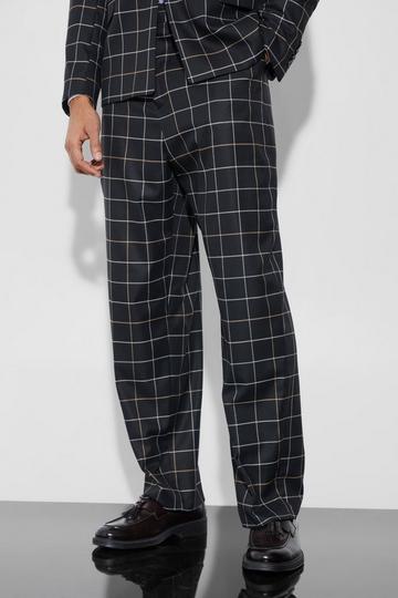 Black Relaxed Fit Windowpane Flannel Suit Pants