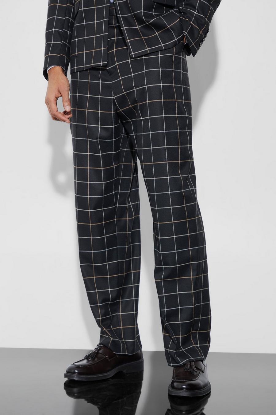Black Relaxed Fit Windowpane Check Suit Trousers