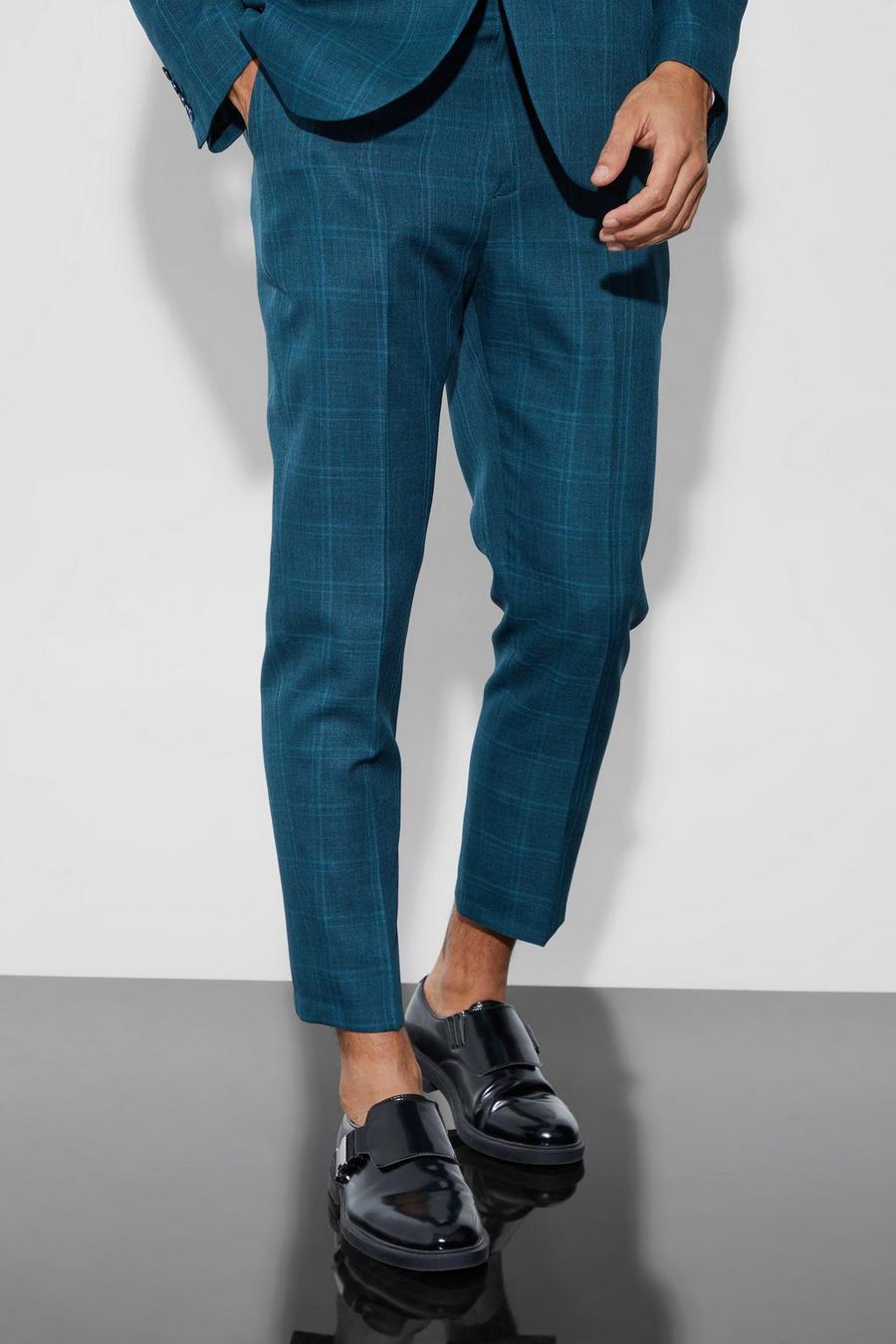 Navy High Rise Tapered Check Fabric Interest Trousers image number 1