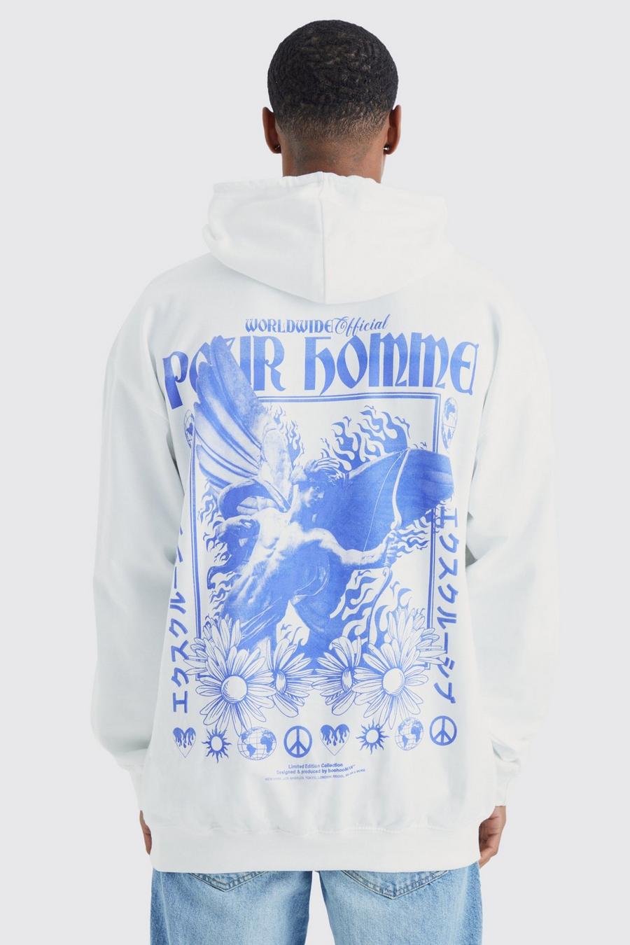 White Oversized Floral Cupid Back Graphic Hoodie image number 1