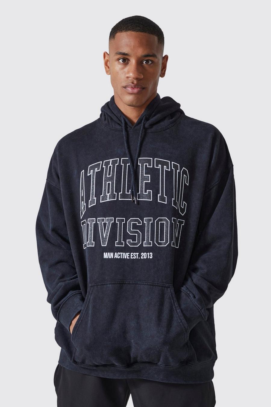 Washed black MAN Active Oversize hoodie med stentvättad effekt image number 1