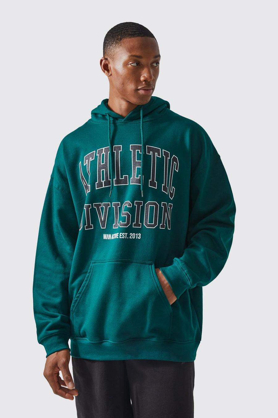 Man Active Oversize Athletic Hoodie mit Acid-Waschung, Bottle green image number 1