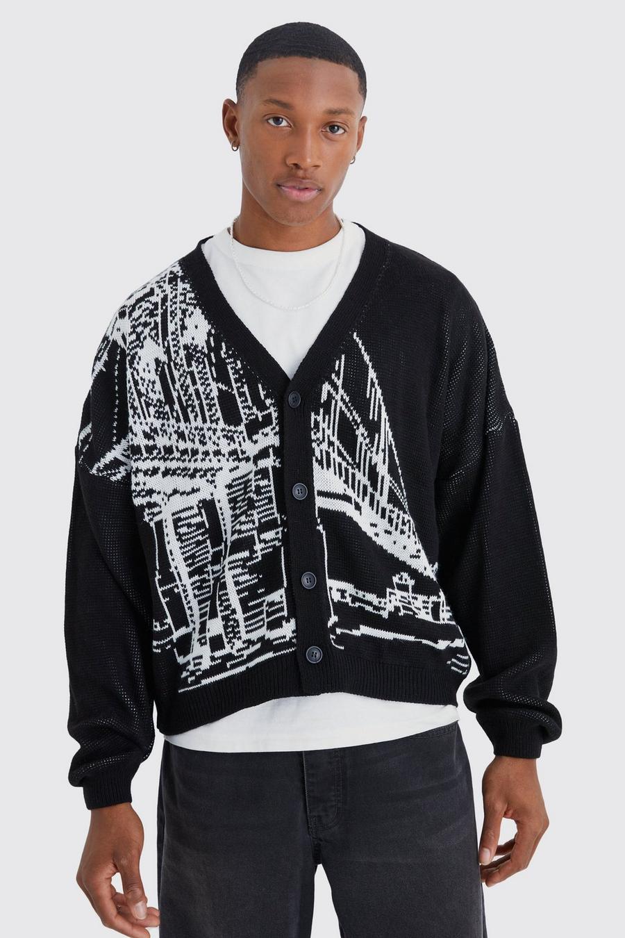 Black Boxy Oversized Line Graphic Cardigan