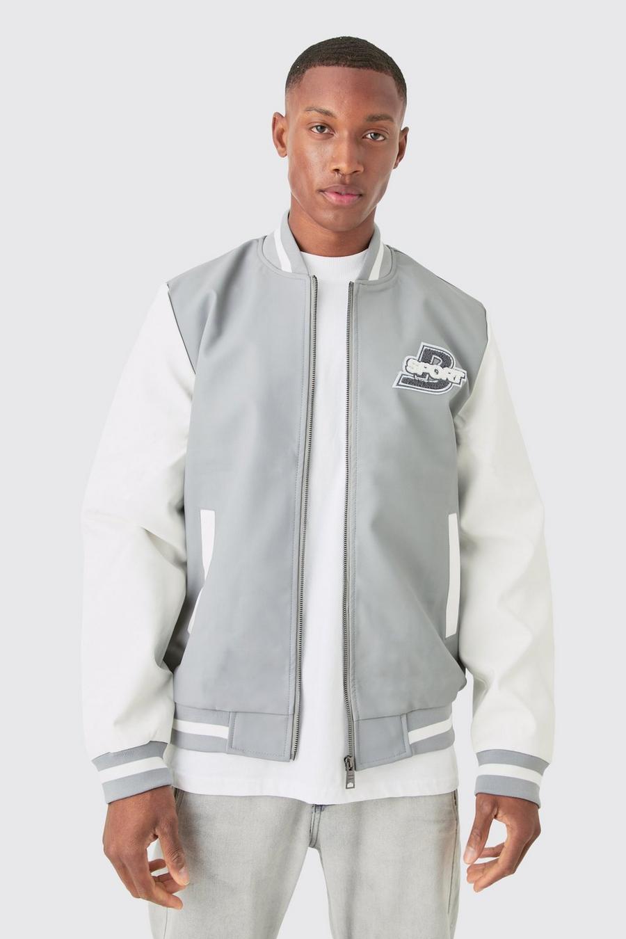 Grey Pu Badge Varsity Jacket