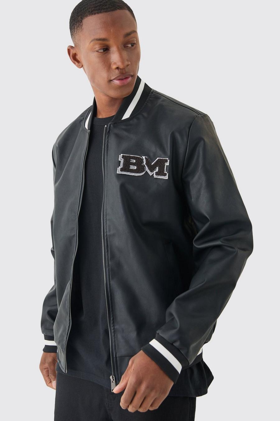 Black PU Varsity Jacket Met Badge image number 1