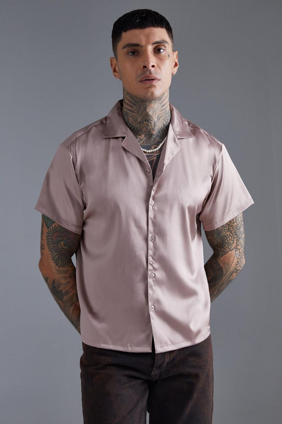 Taupe Short Sleeve Boxy Satin Shirt image number 1