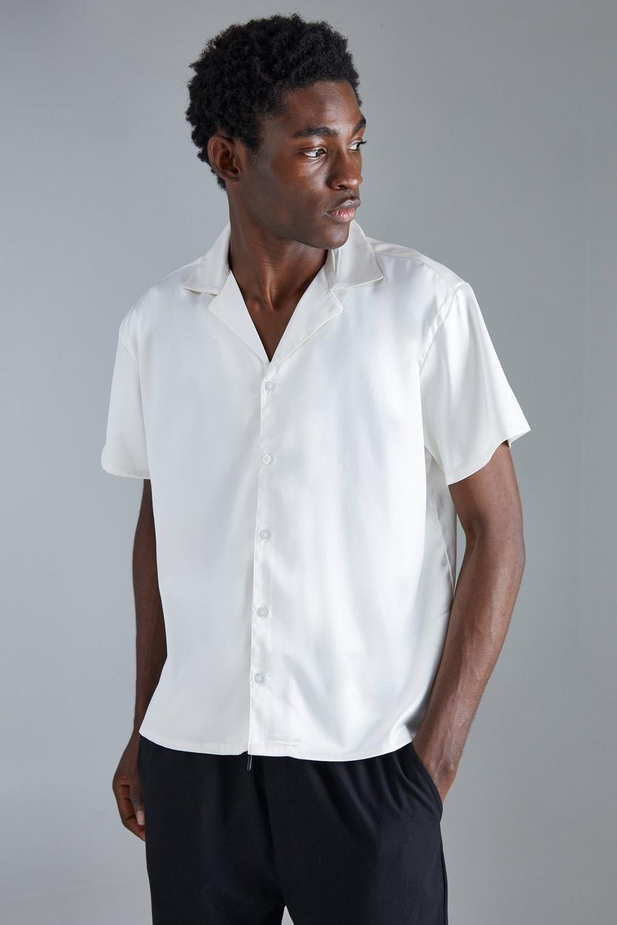 White Short Sleeve Boxy Satin Shirt