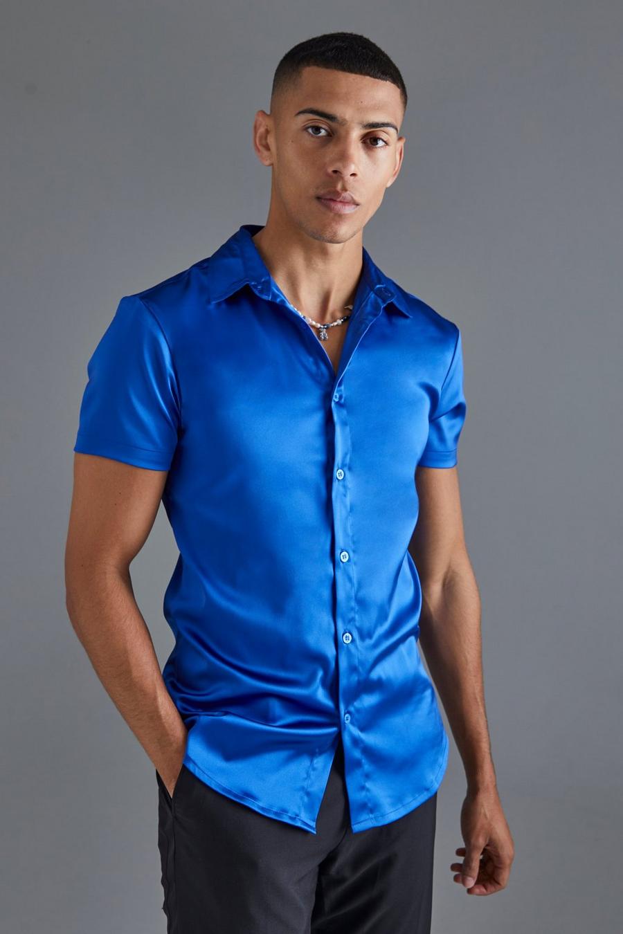 Kurzärmliges Muscle-Fit Hemd aus Satin, Cobalt image number 1
