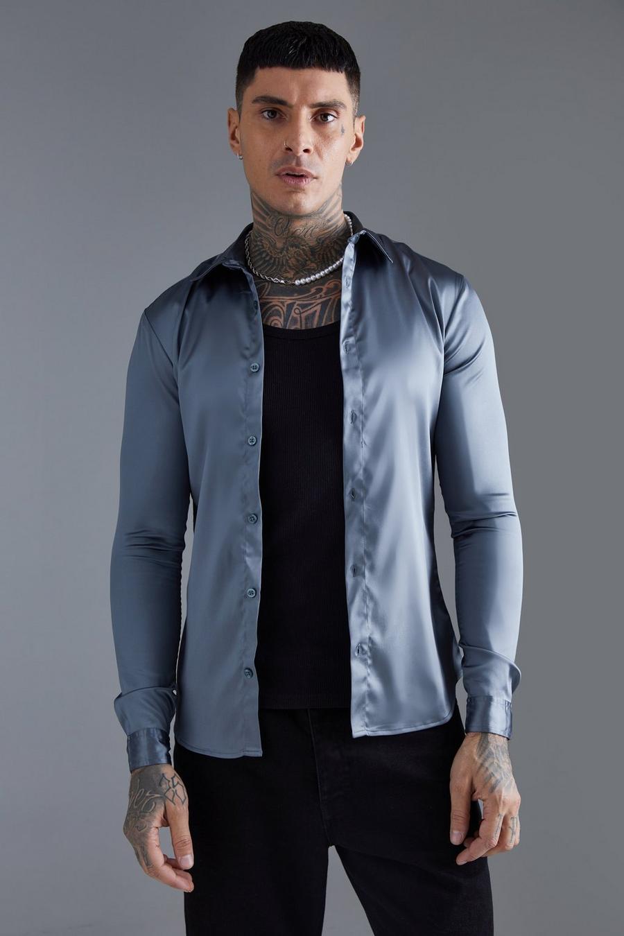 Charcoal Long Sleeve Muscle Satin Shirt image number 1