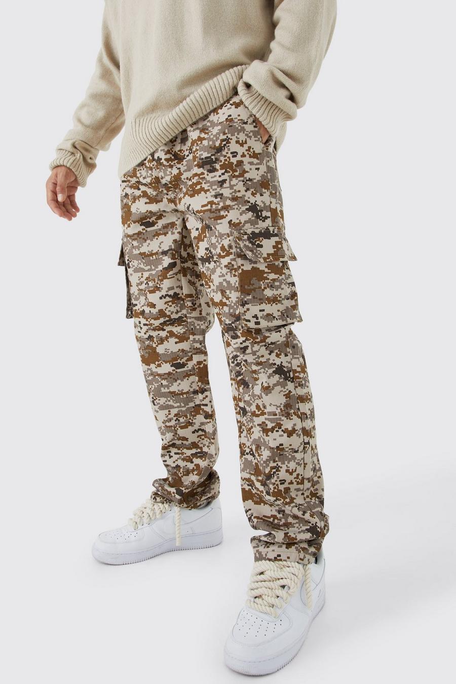 Stone Elastic Waist Camouflage Straight Fit Cargo Trousers image number 1