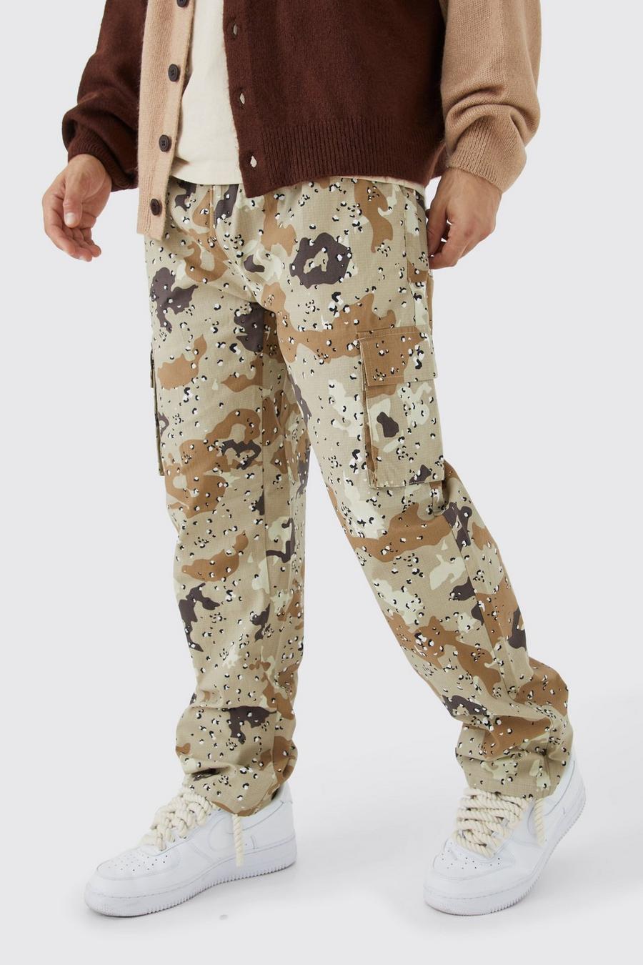 Stone Elasticated Waist Straight Fit Camouflage Cargo Trousers