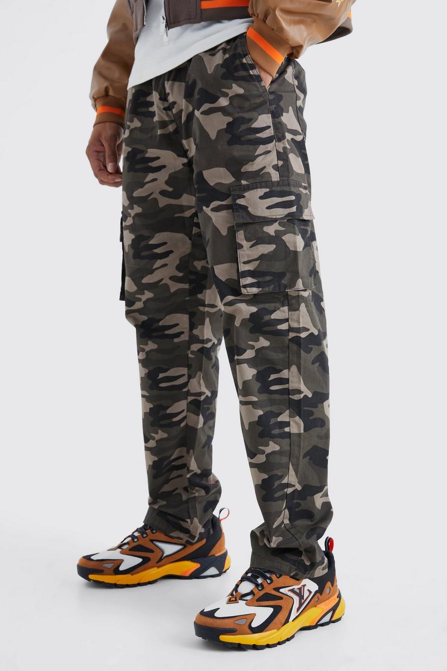 Khaki Camouflage Print Cargo Broek Met Rechte Pijpen En Elastische Taille