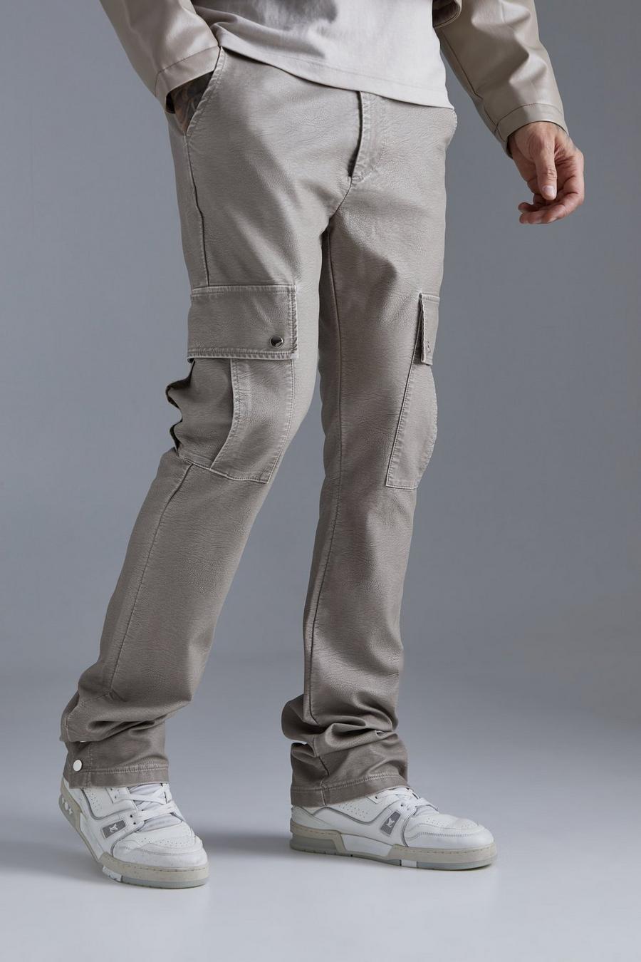 Pantaloni Cargo Slim Fit in PU slavato con bottoni a pressione sul fondo, Stone