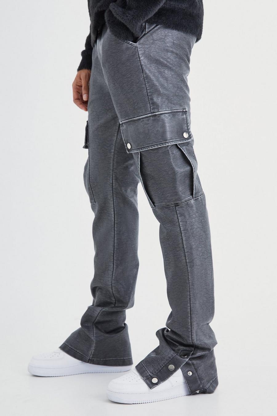 Pantaloni Cargo Slim Fit in PU slavato con bottoni a pressione sul fondo, Charcoal image number 1