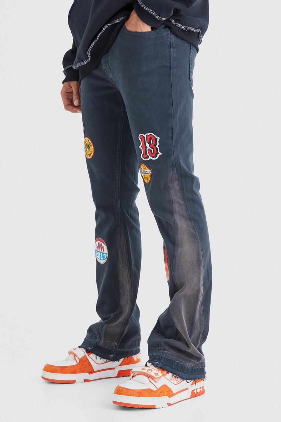 Charcoal Straight Flare Gusset Applique Badge Cargo Trouser