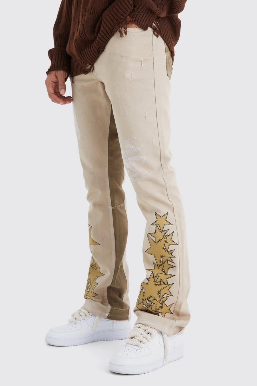 Pantaloni a zampa Slim Fit effetto smagliato con inserti e applique, Stone