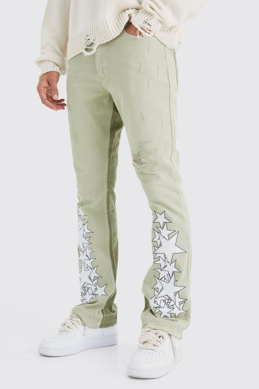 Pantaloni a zampa Slim Fit effetto smagliato con inserti e applique, Sage image number 1
