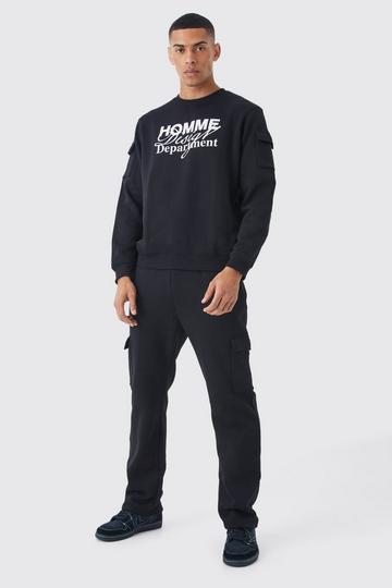 Cargo Pocket Graphic Sweatshirt & Jogger Set black