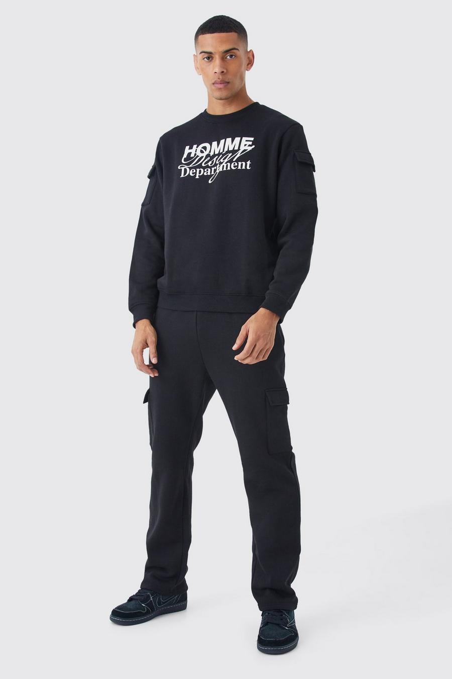 Black Cargo Pocket Graphic Sweatshirt & Jogger Set