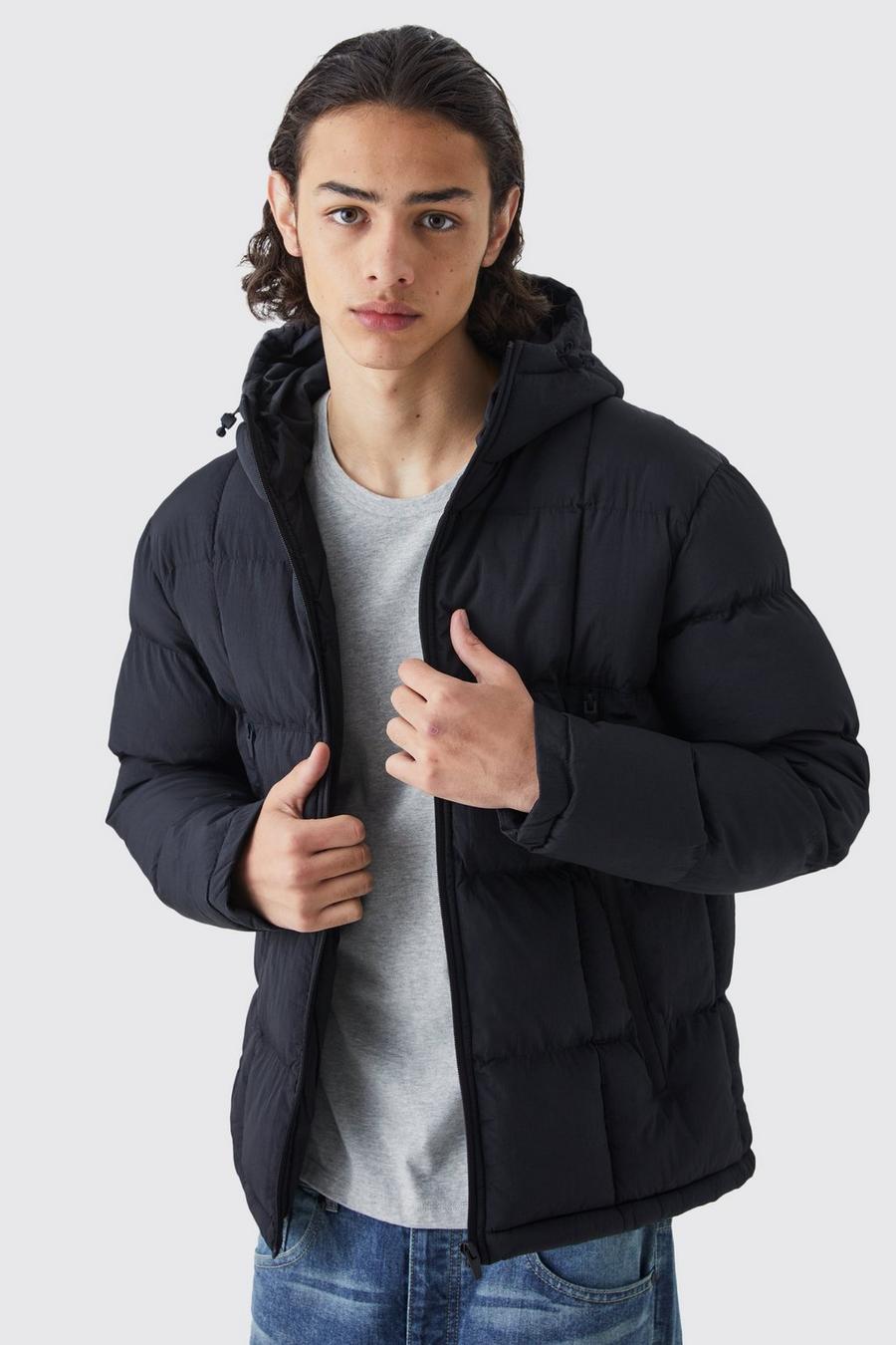 Black Crinkle Nylon Quilted Puffer With Hood image number 1