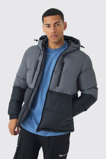 Colour Block Hooded Puffer in Charcoal charcoal