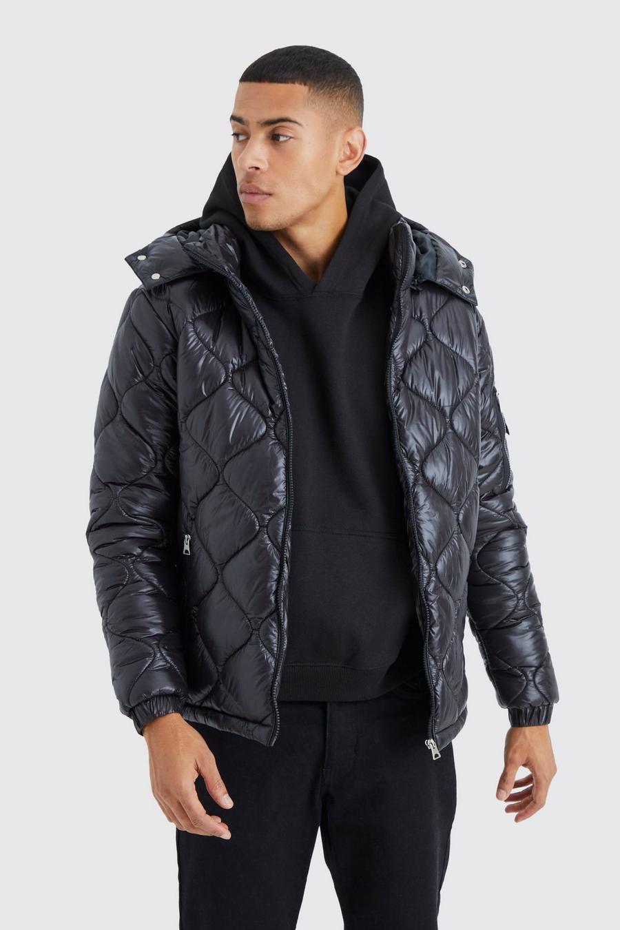 Black High Shine Onion Quilted Puffer With Hood image number 1