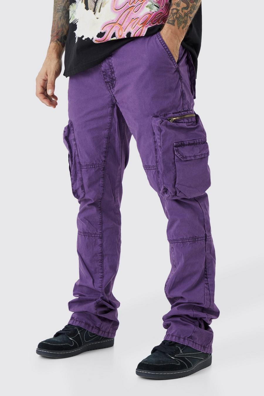 Purple Slim Flare Gusset Overdye Acid Wash Trouser image number 1