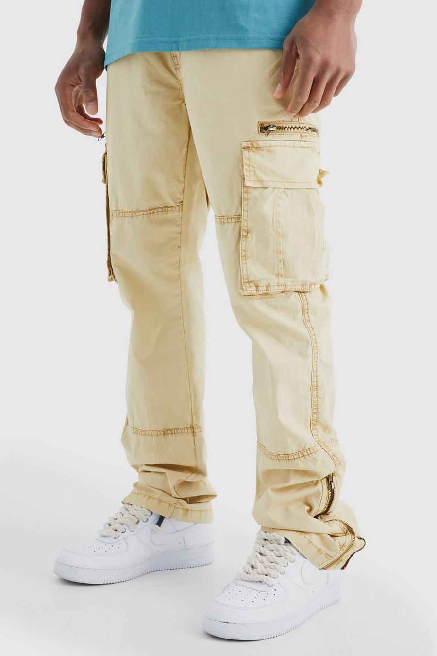 Pantaloni Cargo Slim Fit sovratinti in lavaggio acido con zip e inserti, Stone