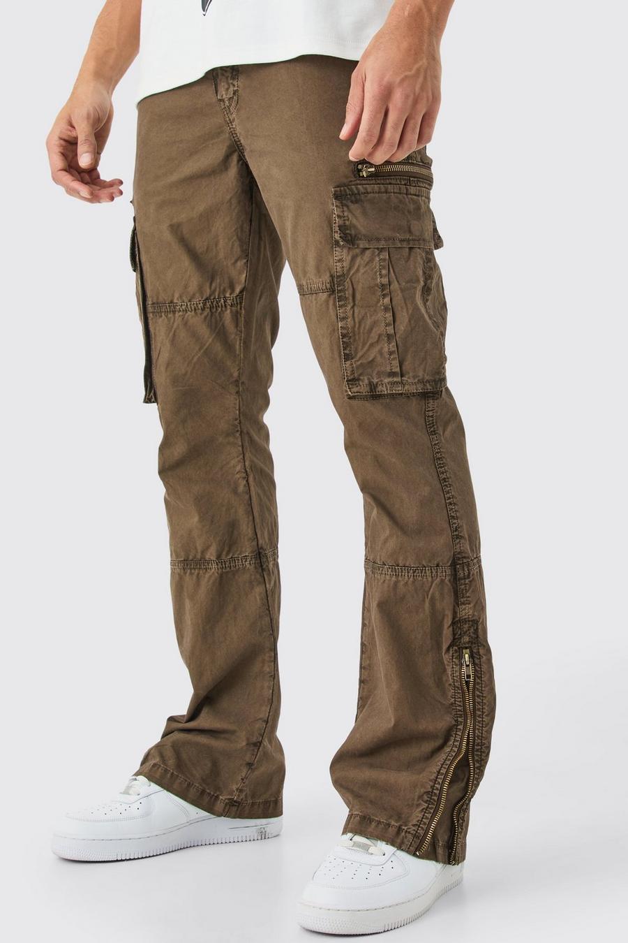 Pantaloni Cargo Slim Fit sovratinti in lavaggio acido con zip e inserti, Chocolate image number 1