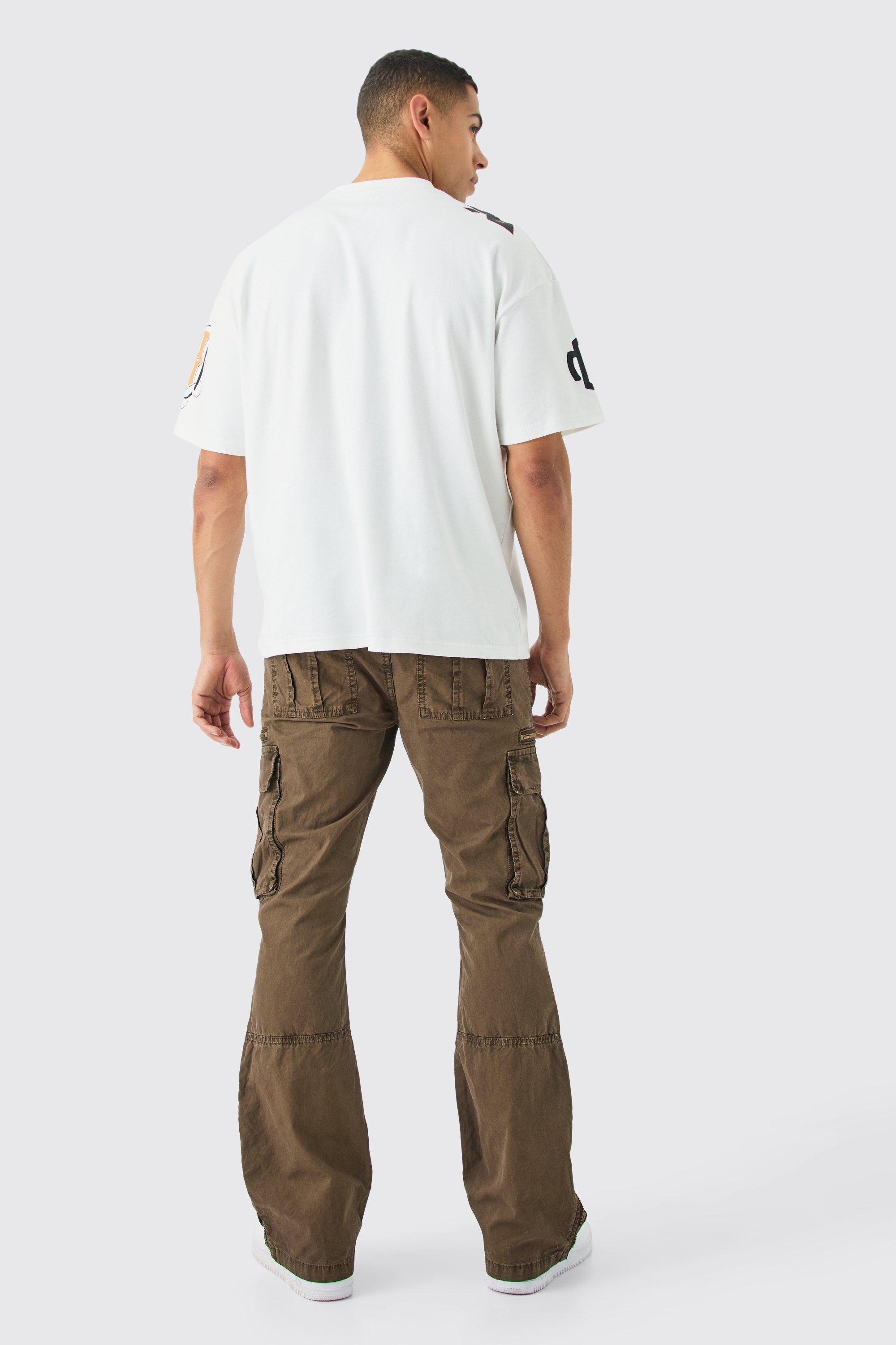 Slim Flare Zip Gusset Overdye Acid Wash Cargo Pants | boohoo USA