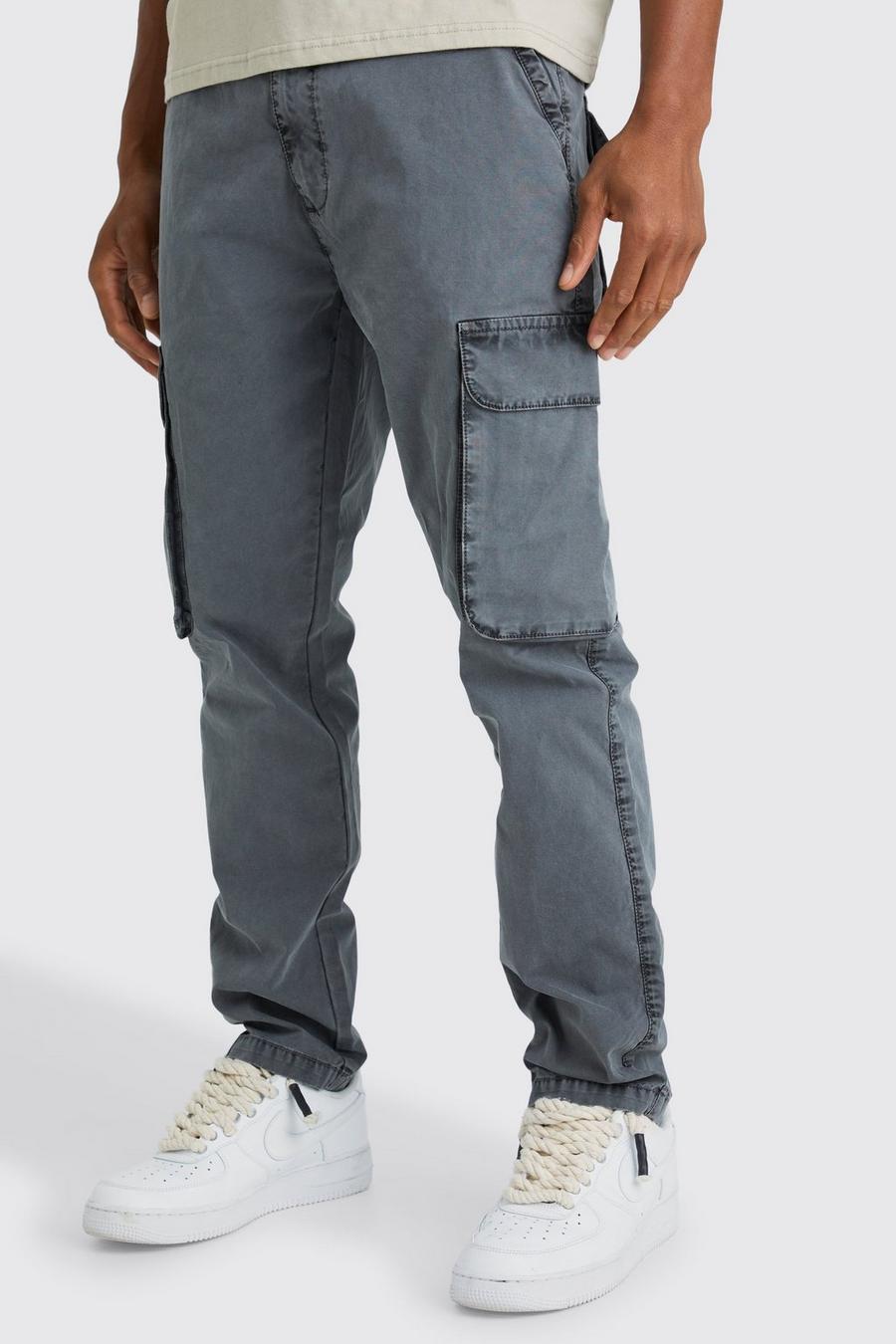 Pantalón cargo ajustado sobreteñido con lavado de ácido, Dark grey image number 1