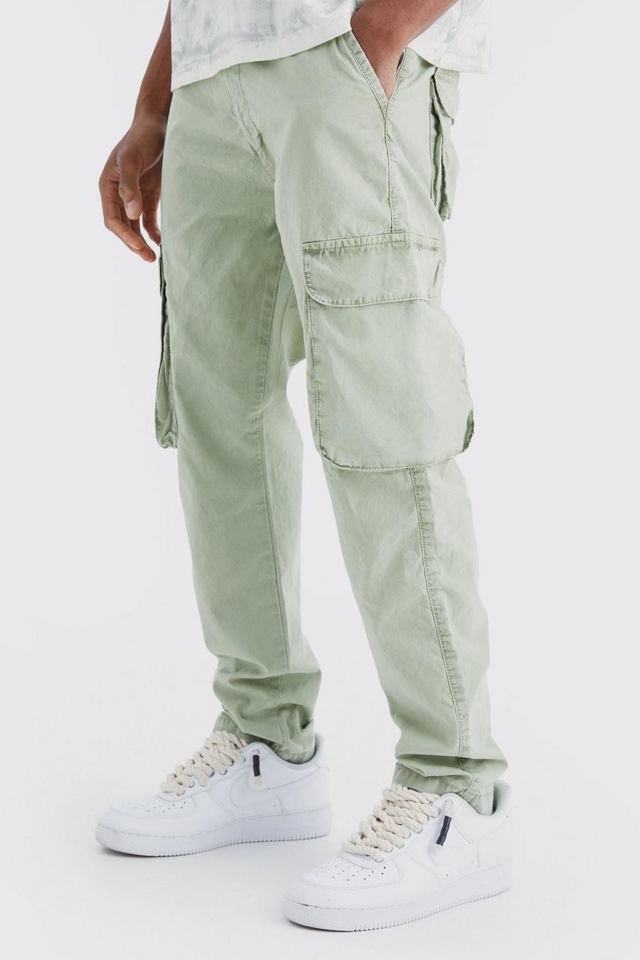 Sage Slim Fit Overdye Acid Wash Cargo Trouser