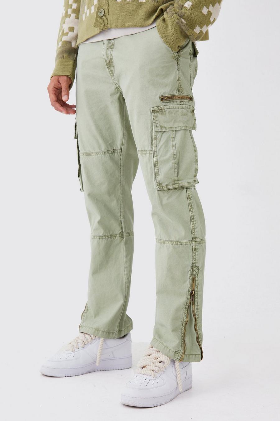 Sage Straight Leg Overdye Acid Wash Multi Zip Cargo Trouser