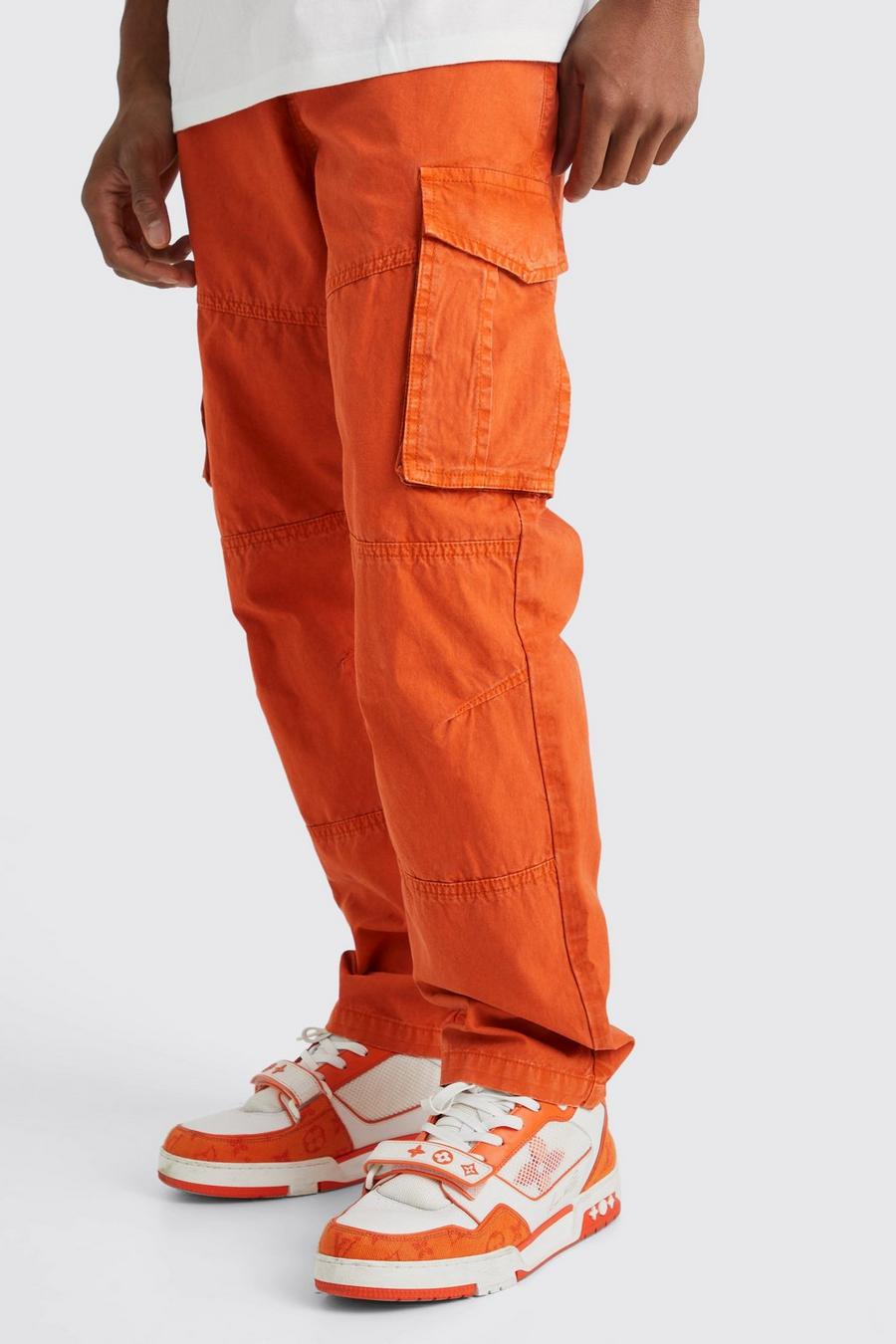 Orange Straight Leg Overdye Acid Wash Cargo Trouser image number 1