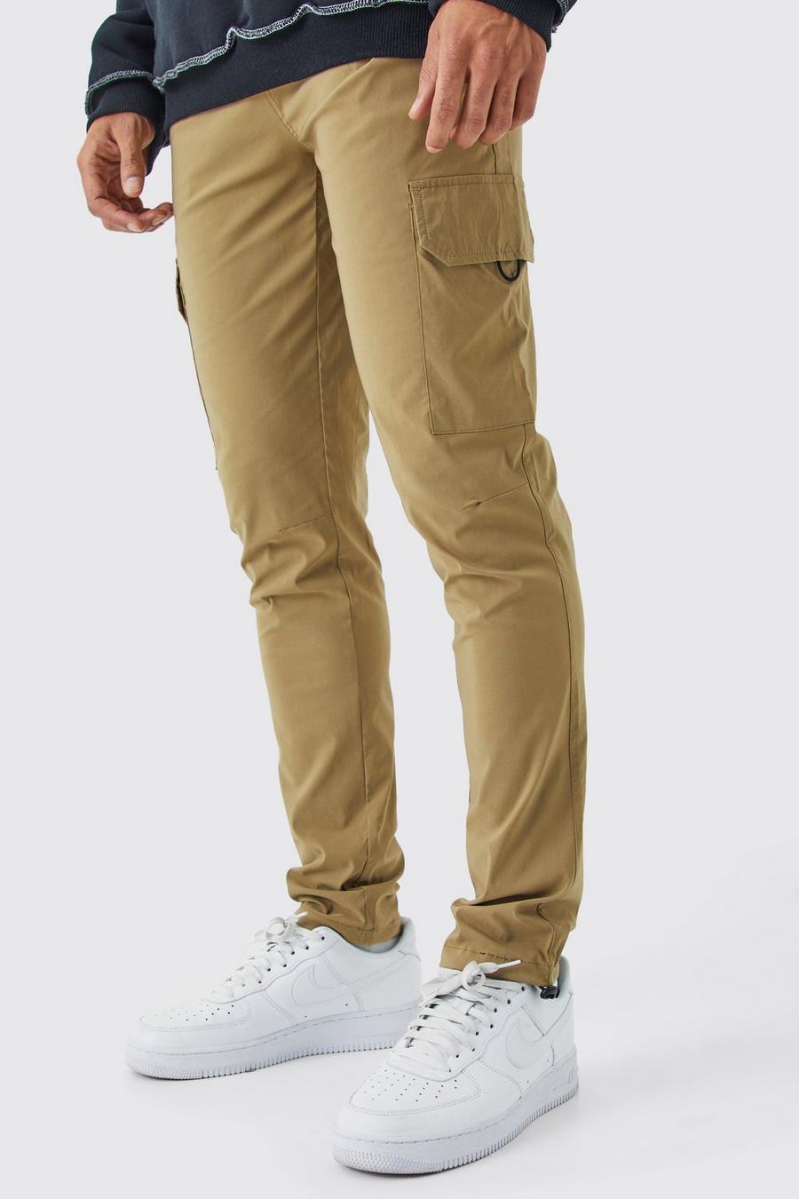 Beige Elasticated Waist Technical Stretch Skinny Cargo Trouser image number 1