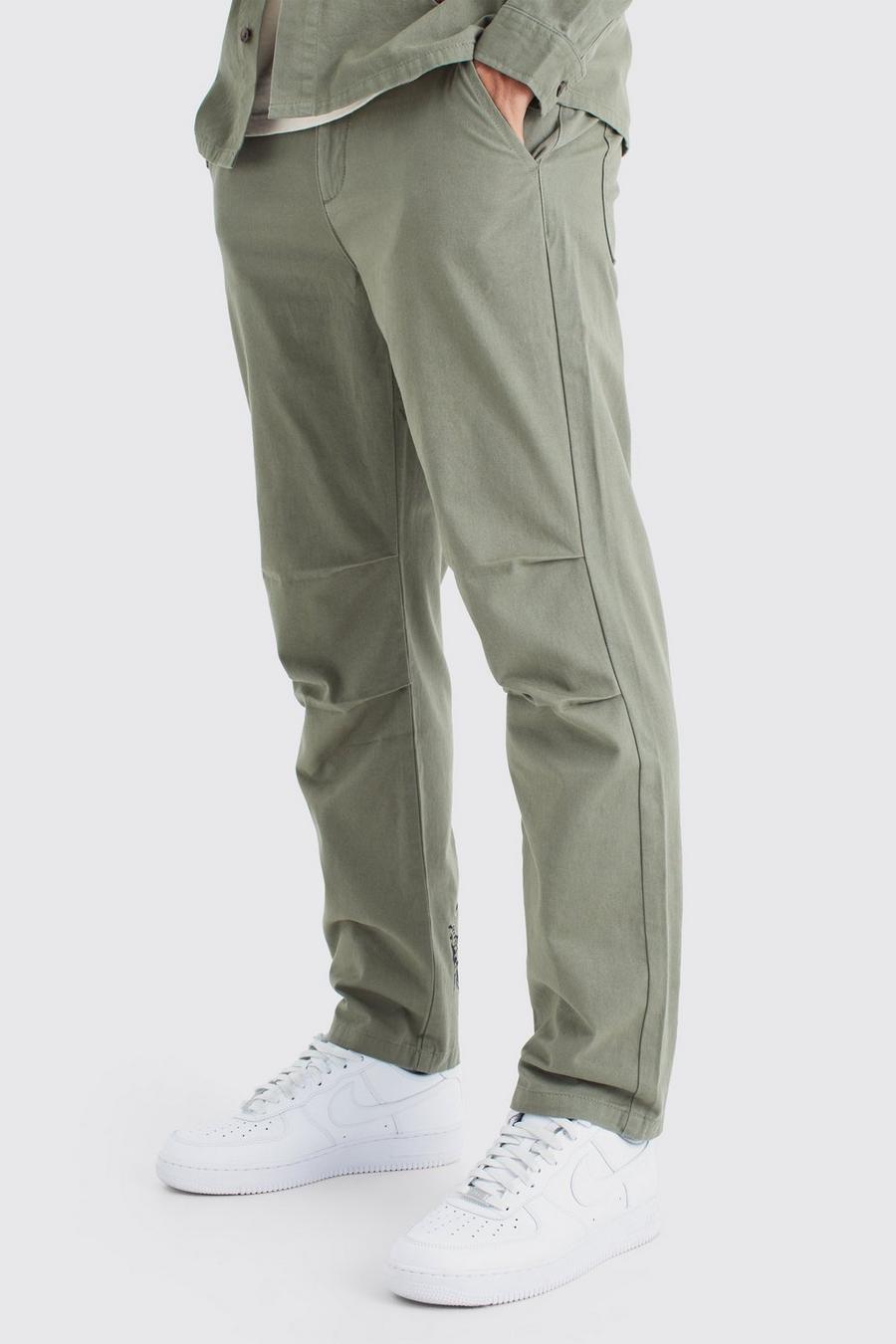Khaki Fixed Waist Embroidered Twill Straight Leg Trouser image number 1