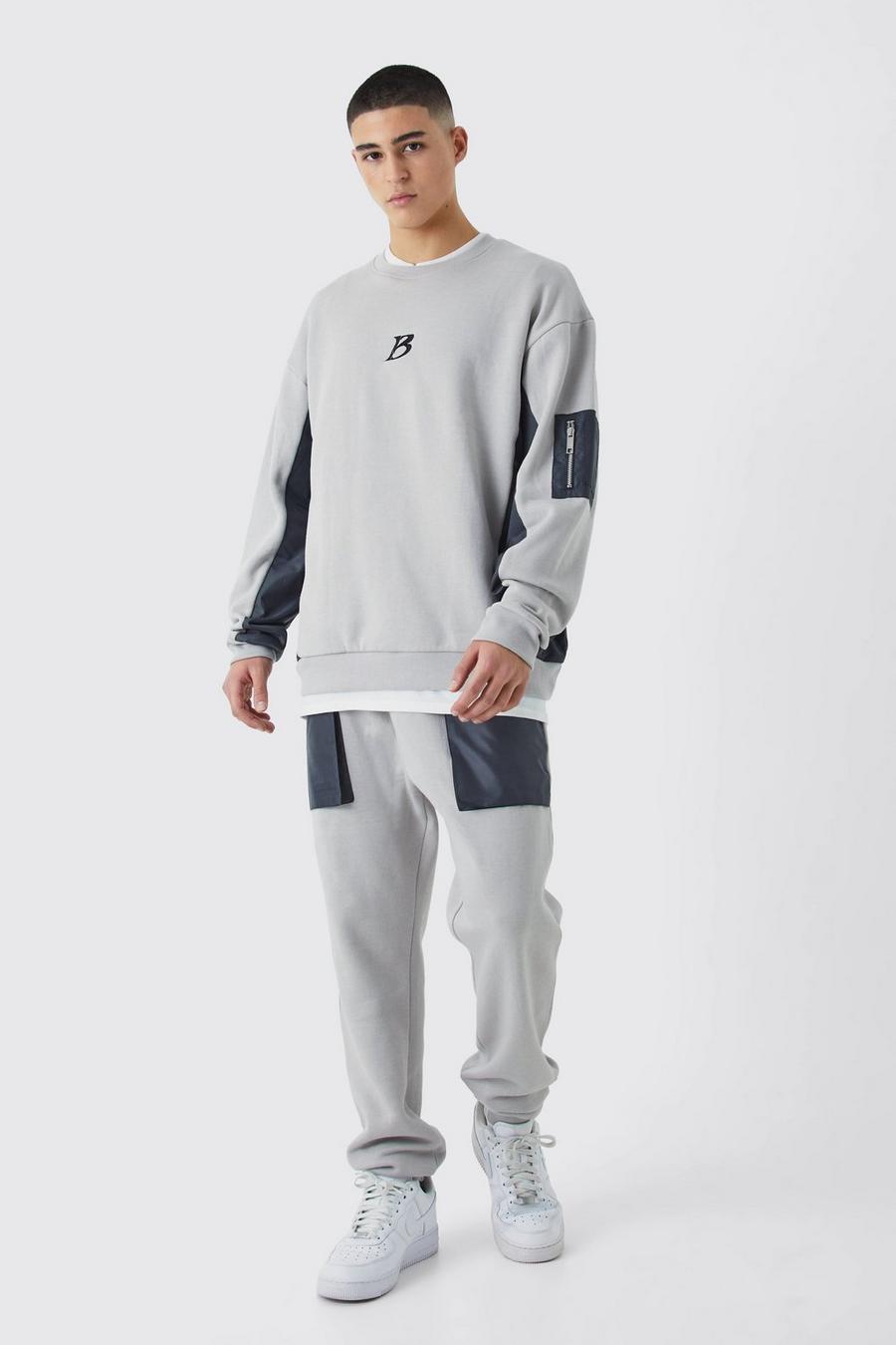 Grey MAN Oversize träningsoverall med sweatshirt och fickor image number 1