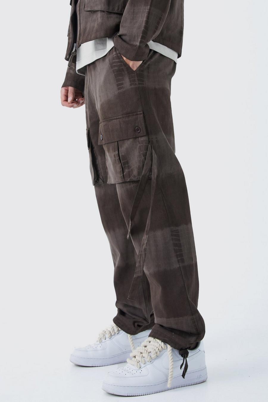 Pantalón cargo recto de sarga con cintura fija y desteñido anudado, Taupe image number 1